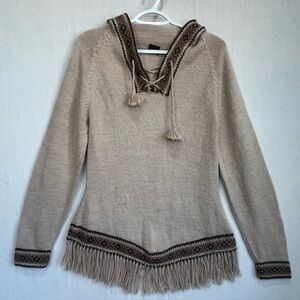 Vtg Alpaca Women's Hooded Sweater Tan Brown Woven Geometric Details Sz S Fringe